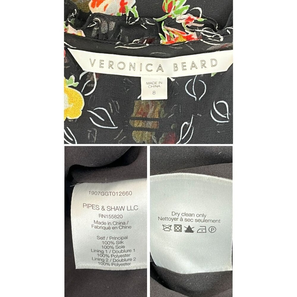 Veronica Beard  Armeria Black Floral Silk Wrap Dress Size 8 Ruched Ruffle Mini - Picture 7 of 8